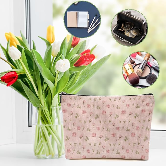Watercolor Pink Flowers Makeup Bag Floral Cosmetic Bag Friend Friendship Gifts for Women Girls Sister Coworker Bestie Botanical Travel Organizer Zipper Pouch Christmas Thanksgiving Birthday Gifts