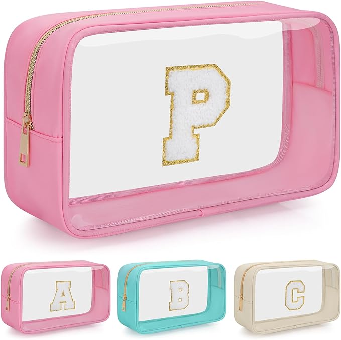 Personalized Initial Clear Makeup Bag, Travel Chenille Patch Cosmetic Bag, Preppy Toiletry Bag Monogram Cosmetic Pouch with Zipper, Ideal Gift for Teen Girls Women (Clear-Pink, P)