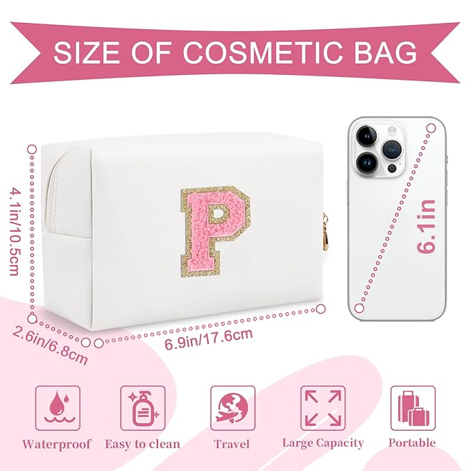 Personalized Makeup Bag Initial A-Z Preppy Patch Bag,Small PU Leather Travel Cosmetic Bag Pouch with Zipper,White Cute Toiletry Bag,Gift Ideal for Teen Girls Women Birthday Friend Mom,Letter P
