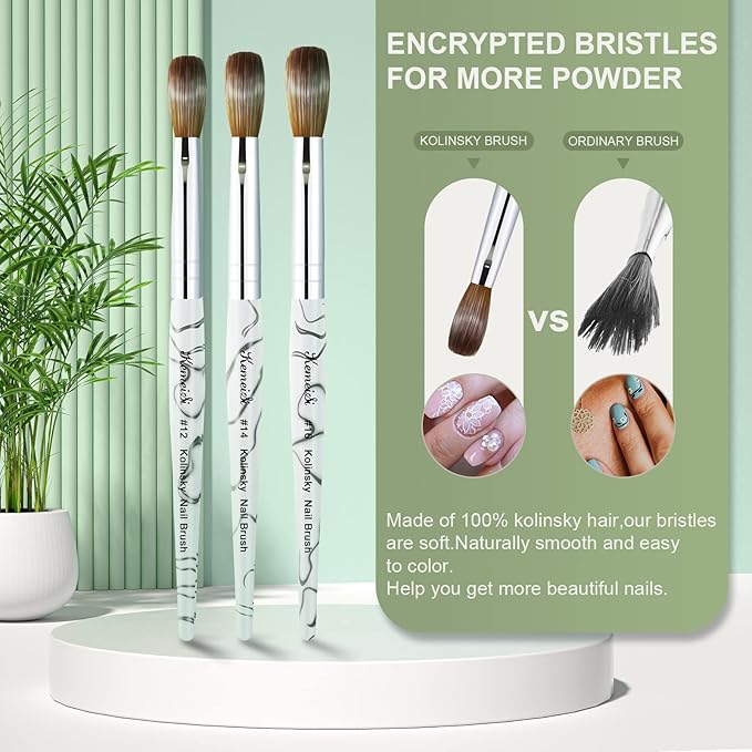 Acrylic Nail Brush Size 14,KEMEISI 100% Pure Kolinsky Nail Art Brushes Sturdy Marble Handle Oval Shaped Acrylic Powder Nail Design Tools for Professional Manicure DIY Home Salon (White)
