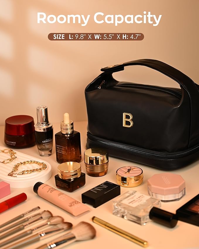 Gifts for Girl, Personalized Makeup Bag with Handle, Initial Double Layer Cosmetic Bag with Makeup Brush Organizer, PU Leather Travel Toiletry Bag, Gifts for Friends Female Mom