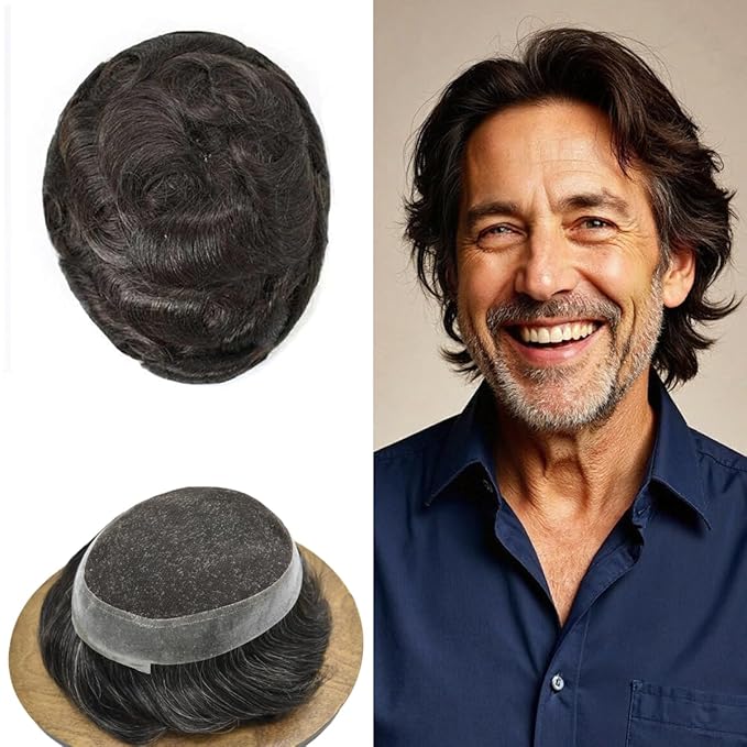 FACE MIRACLE Hair System for Men French Lace Mens Toupee Human Hair Replacement System Lace with PU Toupee for Men Male Hair Piece Wigs 6"X8" #210 Darkest Brown with 10% Gray