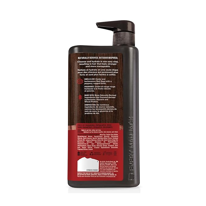 Every Man Jack 2-in-1 Daily Shampoo + Conditioner - Cedar and Red Sage | Nourishing For All Hair Types, Naturally Derived, Cruelty-Free Shampoo and Conditioner Set for Men | 24oz -1 Bottle