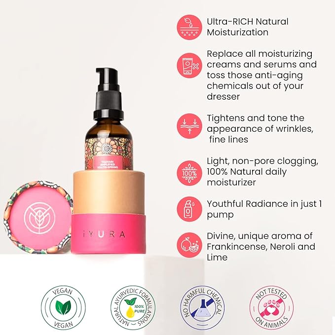 iYURA Yauvari Amplified Youth Spring—Face & Neck Moisturizer for Dry to Very Dry/Mature Skin | Firms the Look of Cheeks, Jowls & Neck | Pro-Aging, Natural Face Oil with Black Gram | 1.69 fl oz (50 ml)