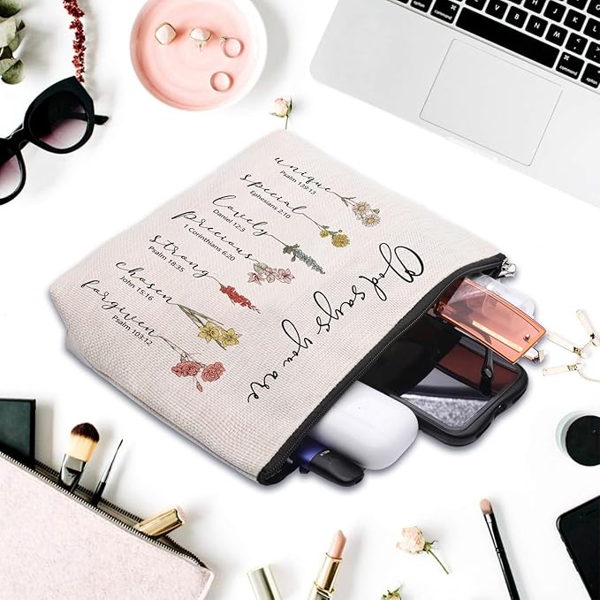 God Says You Are Makeup Bag, Christian Gifts for Women Cosmetic Bag, Bible Verse Floral Bible Verse Accessories Stuff for Women, Religious Faith Based Gifts Inspirational Affirmations Cosmetic Bag