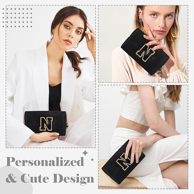 Personalized Initial A-Z Preppy Patch Makeup Bag,Small PU Chenille Letter Cosmetic Bag with Zipper for Teen Girls,Black Cute Toiletry Organizer Bag,Monogram Makeup Case Gift for Women Girls,Letter N
