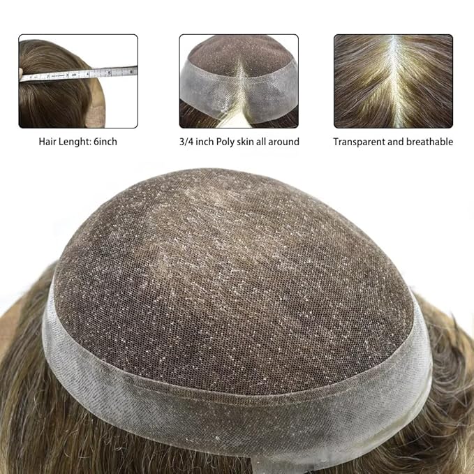 FACE MIRACLE Hair System for Men French Lace Mens Toupee Human Hair Replacement System Lace with PU Toupee for Men Male Hair Piece Wigs 6"X9" #520 5# MEDIUM LIGHT BROWN WITH 20% SYNTHETIC GREY