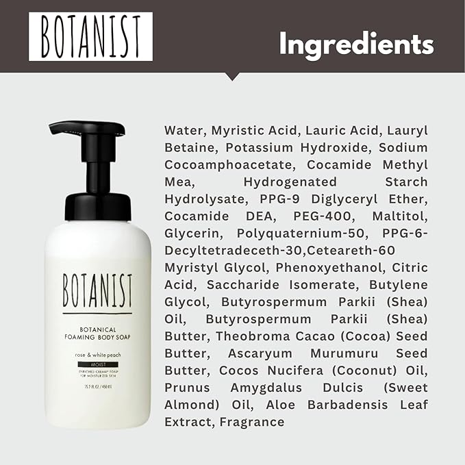 Botanist Foaming Body Wash for Sensitive Skin & Babies, Moisturizing Body Soap with Organic Shea Butter, Almond Oil, Cocoa Butter from Japan, Sulfate & Paraben Free, Rose& White Peach 30.4 Fl Oz