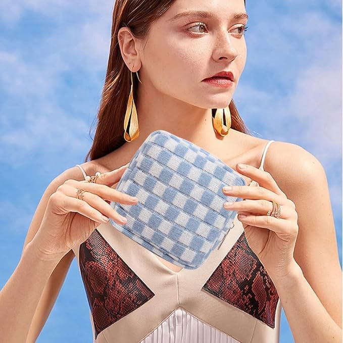 2 Pieces Makeup Bag Set, Small Blue Checkered Cosmetic Bag Travel Toiletry Organizer Mini Cosmetic Pouch Case Makeup Brushes Cute Quilted Aesthetic Accessories Storage Bag for Women