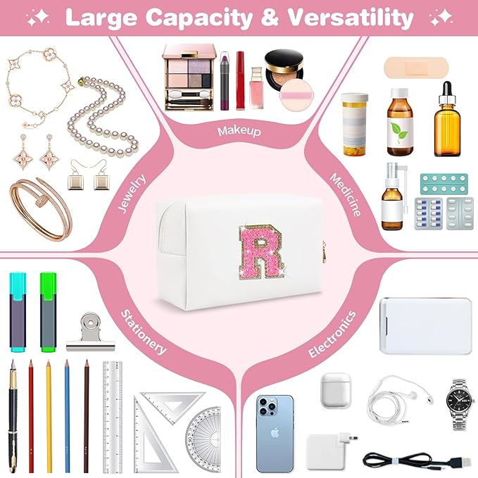 Small Personalized Initial A-Z Patch Makeup Bag,White Cute PU Leather Glitter Letter Cosmetic Bag for Teen Girls,Travel Toiletry Bag with Zipper,Preppy Monogrammed Birthday Gift for Daughter Niece R
