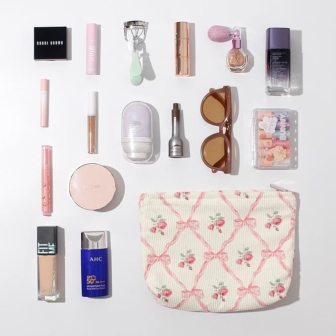 Cosmetic Bags for Women - Corduroy Cosmetic Bag Aesthetic Women Handbags Purses Smile Dots Makeup Organizer Storage Makeup Bag Girls Case Bags (Flowers-Navy blue)