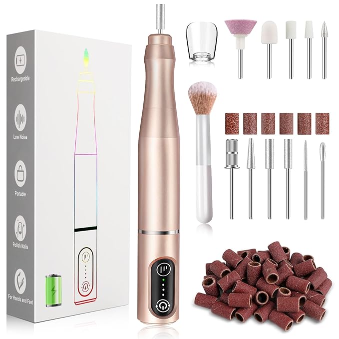Cordless Nail Drill Electric Rechargeable File Kit, Professional Efile Acrylic Gel Nail Polish Remover Pedicure Manicure Machine Portable Set with 11 Bits 56 Sanding Bands for Salon Home (Gold)