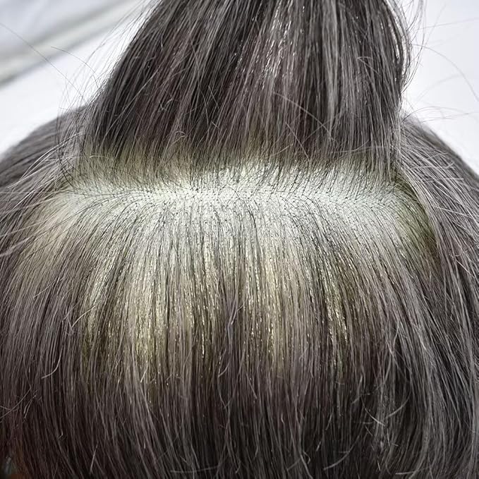 FACE MIRACLE Toupee for Men French Lace Hairpiece Human Hair Replacement System Skin PU Mens Toupee V-Looped Front Hair Piece 6X9#1B60 Off Black with 60% Gray-80% Light Density