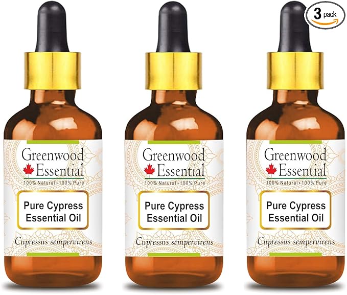 Greenwood Essential Pure Cypress Essential Oil (Cupressus sempervirens) with Glass Dropper Steam Distilled (Pack of Three) 100ml X 3 (10.1oz)