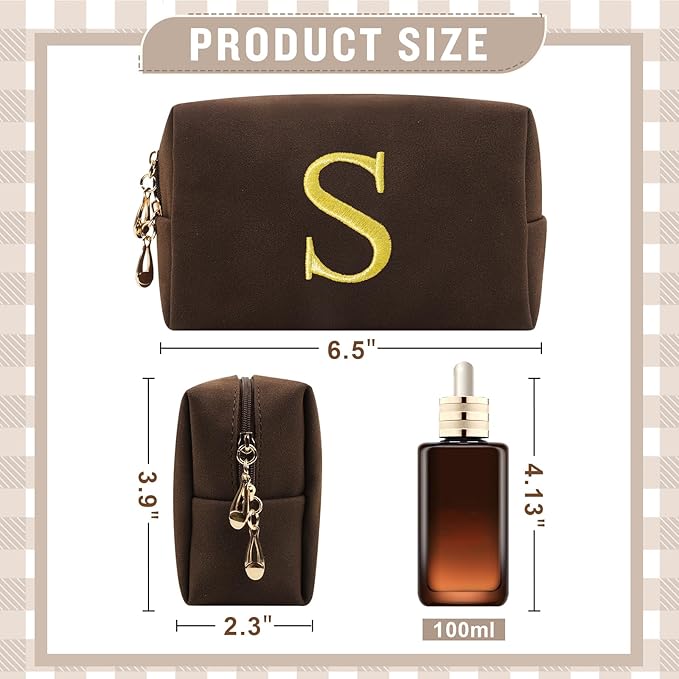 Personalized Initial Makeup Bag,Preppy Suede Cosmetic Bag for Teen Girls,Small Monogram Travel Toiletry Bag With Gold Embroidered Letter,Trendy Stuff Custom Christmas Gift for Women(Coffee-S)