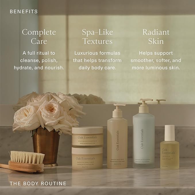 Oak Essentials The Body Routine Set | 5-Step Spa Kit with Blue Tansy Body Lotion, Body Oil, Wash, Scrub & Balm for Hydrated Skin