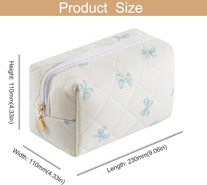 Makeup Bag Travel Cosmetic Bag for Women Girls, Zipper Make Up Pouch, Floral Flowers Toiletry Organizer Makeup, Portable Storage Cosmetic Travel Cloth Bag (Pink Bow Tie+Blue Bow Tie)