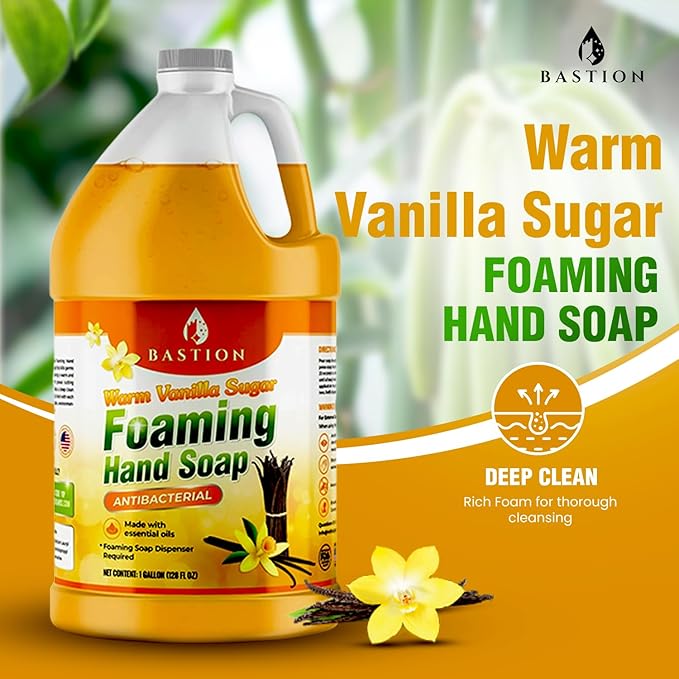 Bastion Foaming Hand Soap - Foam Hand Wash Refill for Bath And Body Works, Dial, Method, Michel, JR Watkins, Dove - Warm Vanilla Sugar w/Essential Oils Bulk Bottle 4 X Gallons (512 0z.)