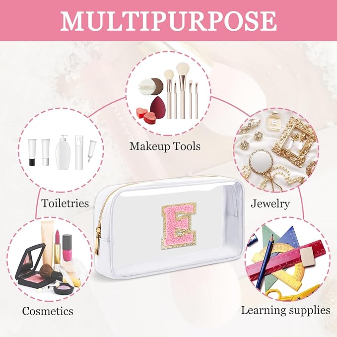 Small Clear Personalized Initial Makeup Bag,Nylon Preppy A-Z Chenille Letter Patch Cosmetic Pouch Beach Toiletry Bag,Waterproof Zipper Travel Purse Storage Bag Organizer for Women Girls(White-Pink E)