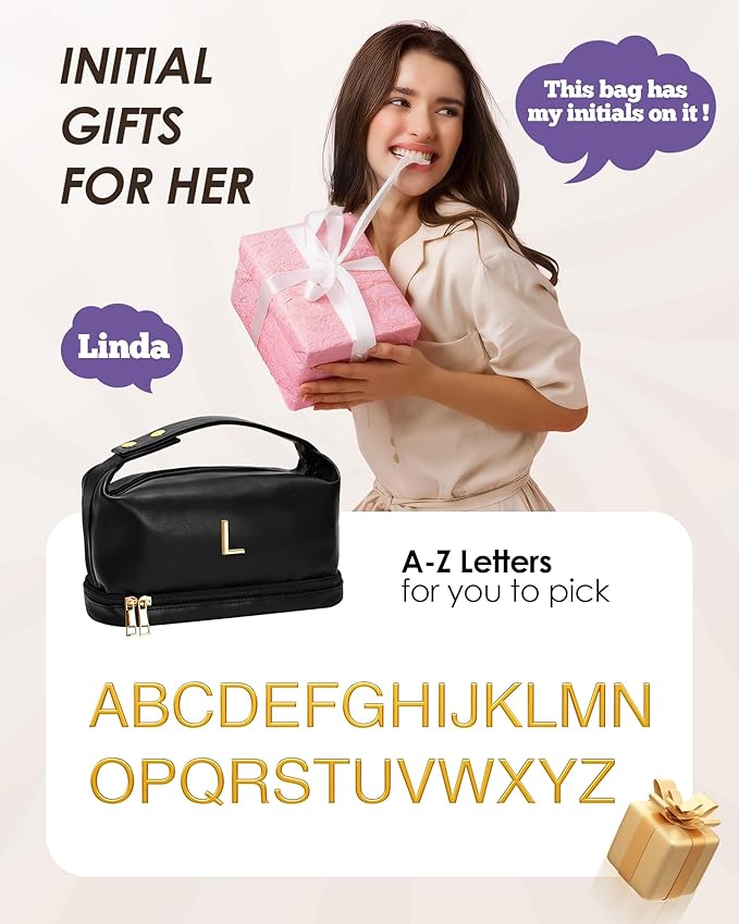 Gift Ideas, for Women 20S-Personalized Makeup Bags, Initial Bags with Handle, Double Layer Cosmetic Bag, Large Capacity Makeup Bags Letter Travel Toiletry Bag with Makeup Brush Organizer