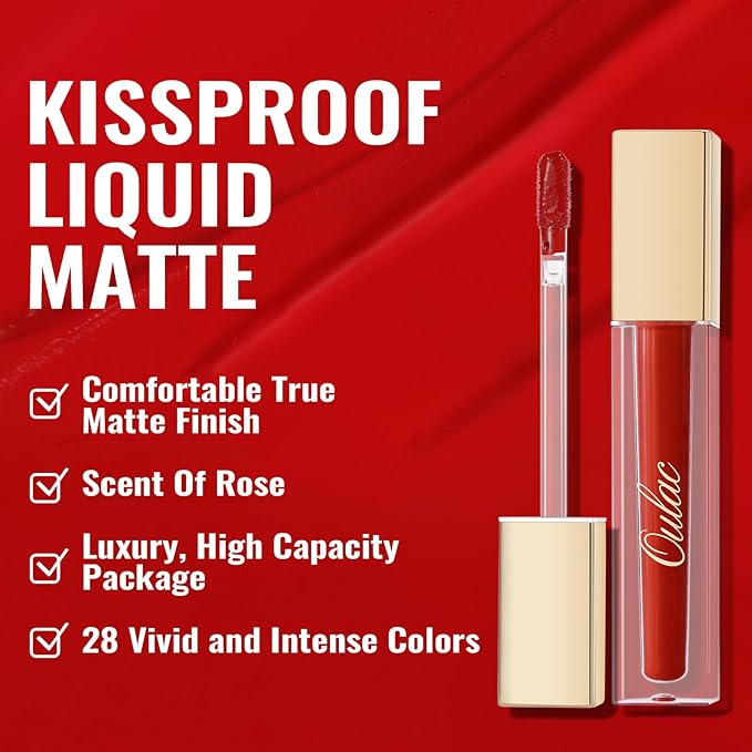 Oulac Matte Liquid Red Lipstick for Women, Deep Red Lip Gloss Creamy Matte Texture, Waterproof, Non-Stick Cup, Extra-Pigmented Lip Tint Stain with Vitamin E & Rose Oil, Vegan, Cruelty-Free, M01