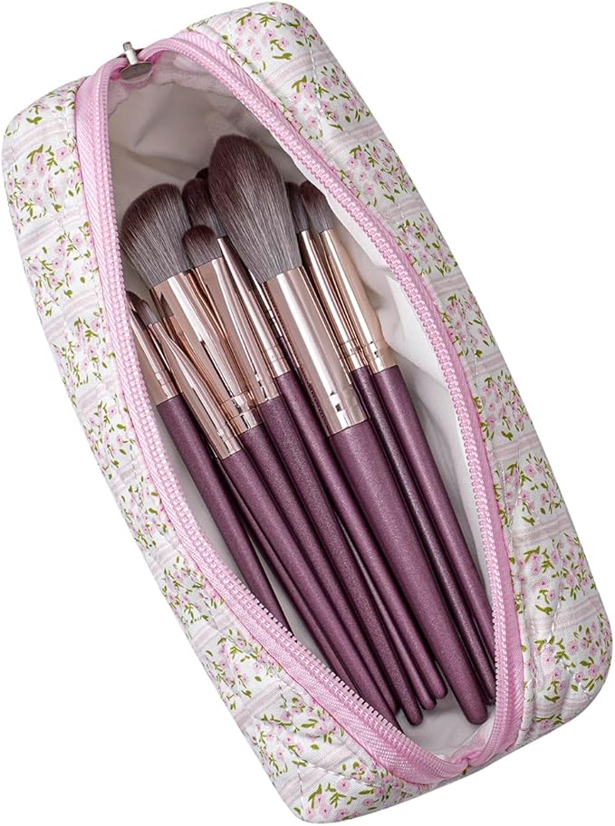 Cute Floral Cotton Makeup Brush Cosmetic Bag for Women, Travel Quilted Zipper Make Up Bag, Flowers Toiletry Organizer Case Kawaii Makeup Cosmetic Travel Cloth Pouch (Pink+Pink Bowknot)