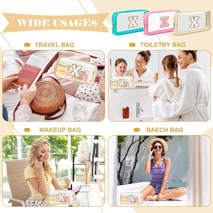 Personalized Initial Letter Clear Makeup Bag,Preppy Small Nylon&PVC Cosmetic Zipper Bag with Chenille Letter,Portable Beach Travel Skincare Toiletry Bag,Trendy Monogram Gift for Teen Girls Women,X