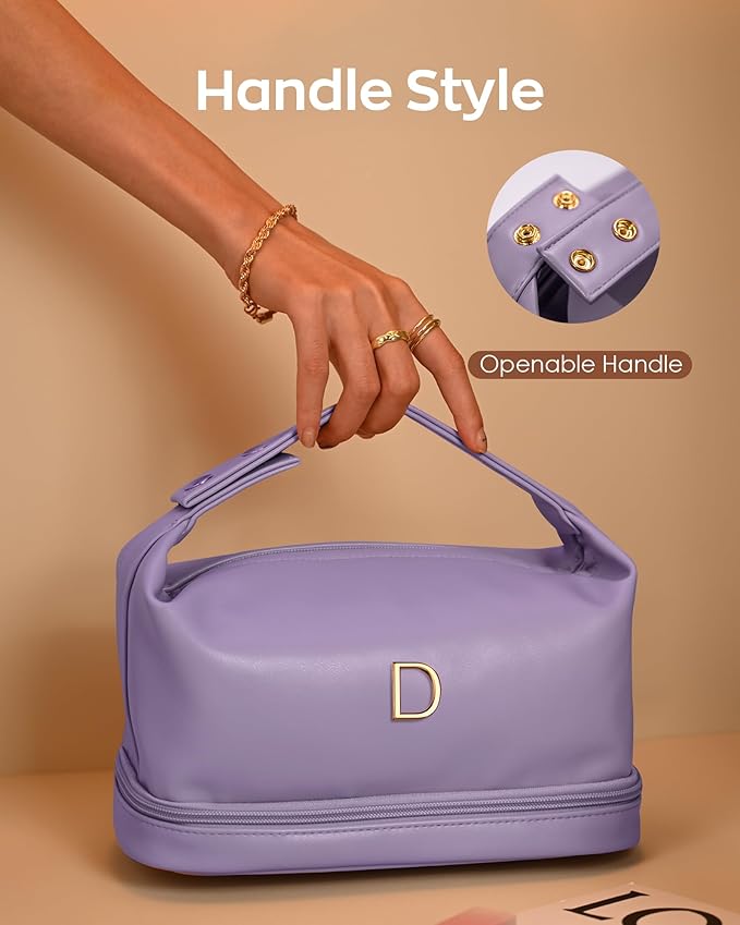 Personalized Makeup Bag with Handle, Initial Double Layer Cosmetic Bag with Makeup Brush Organizer,Gifts for Friends Female Mom
