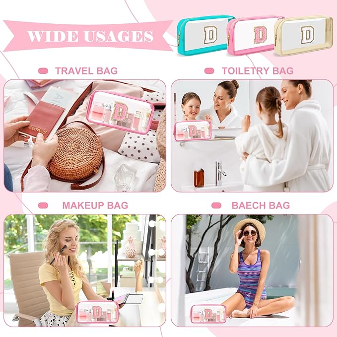 Personalized Initial Letter Clear Makeup Bag,Preppy Small Nylon&PVC Cosmetic Zipper Bag with Chenille Letter,Portable Beach Travel Skincare Toiletry Bag,Trendy Monogram Gift for Teen Girls Women,D