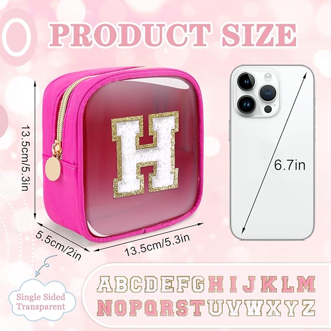 Mini Clear Personalized Initial Makeup Bag,Nylon Preppy A-Z Chenille Letter Patch Zipper Cosmetic Bag, Small Cute Beach Pouch Travel Purse Sanitary Napkin Storage Bag for Women Girls(Hot Pink-White H)