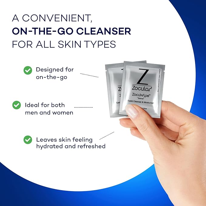 Zocuwipe Eyelid Wipes with Natural Okra Complex - Eyelid Cleanser and Moisturizer Pads for Irritated, Red Eyes from Dry Eye, Blepharitis 30ct