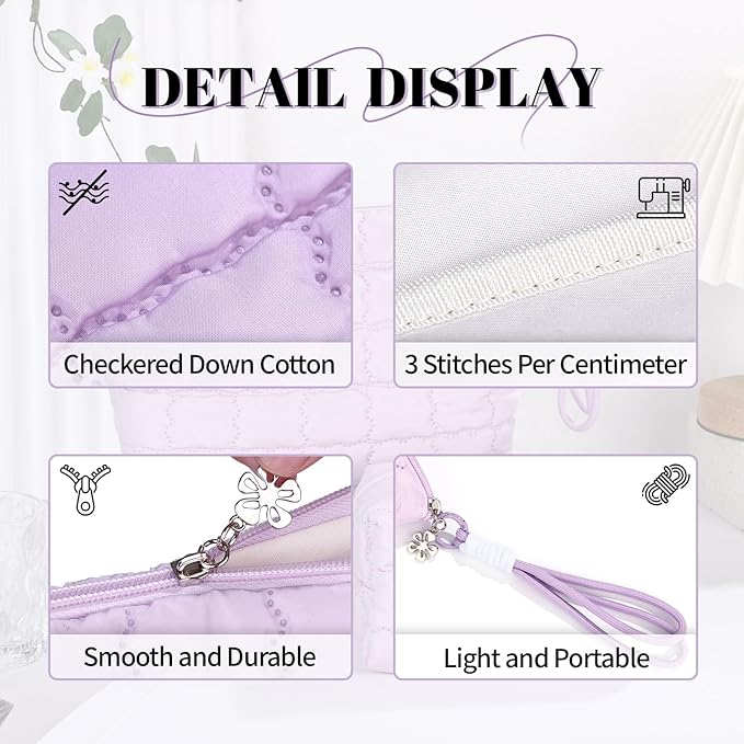Richeart Makeup Bag Travel Toiletry Bag - Checkered Down Cotton Makeup Pouch for Women with Cosmetic and Pencil, Aesthetic Purple Design, Small