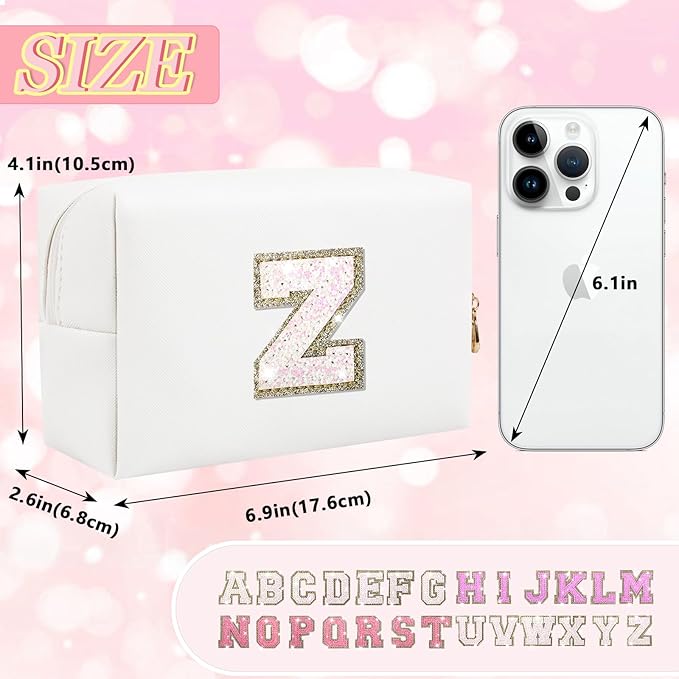 Initial Letter Patch Makeup Bag, Preppy Glitter Pouch Cosmetic Bag, Small PU Travel Toiletry Bag Zipper, Personalized Monogrammed Gift for Friends, Sisters & Teens (Letter Z)