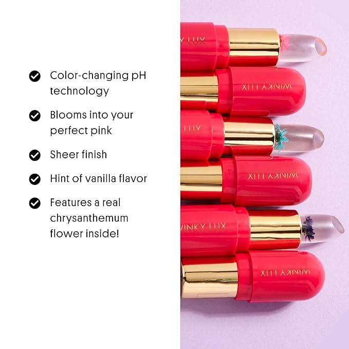 Winky Lux Flower Balm, pH Lip Balm, Color Changing Lipstick and Tinted Lip Balm, Vegan & Cruelty Free, Hydrate & Plump, Sheer Pink Lipstick, Pink Flower with Vanilla Scent