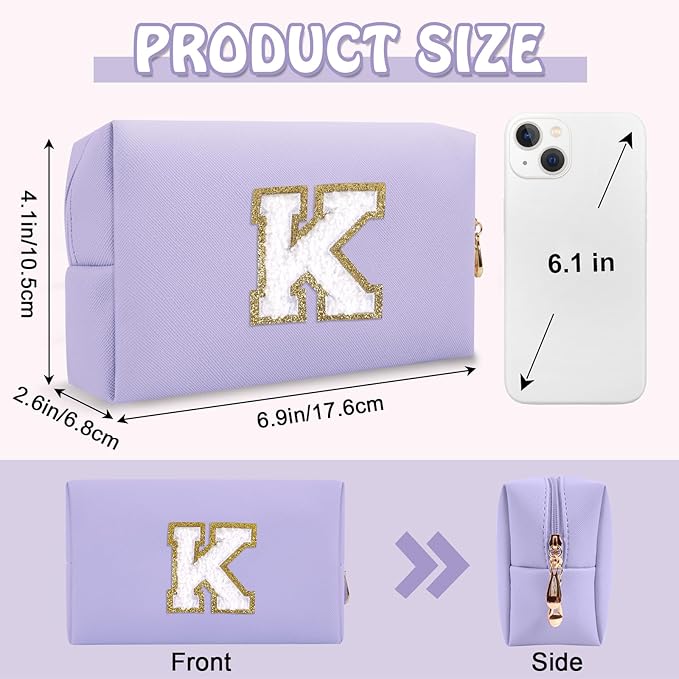 Personalized Small Preppy Makeup Bag, Chenille Letter Purple Initial Travel Toiletry Organizers Cosmetic Zipper Pouch Purse, Waterproof PU Make Up Case Travel Essentials for Women Friendship(Letter K)