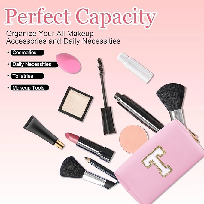 Small Personalized Letter Makeup Bag, Cute PU Leather Chenille Letters Cosmetic Bag Travel Makeup Pouch, Preppy Travel Organizer Zipper Pouch for Women&Girls（Pink-T）