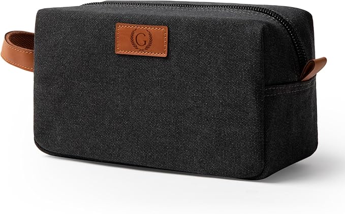 Janhavi Gifts for Husband, Waterproof Canvas Bag with Engraved Initials & Wheat Ear, Makeup Organizer Foldie Travel Bag Expandable, Men's Accessories Organizer, Mens Travel Bag Toiletry (Dark Grey G)
