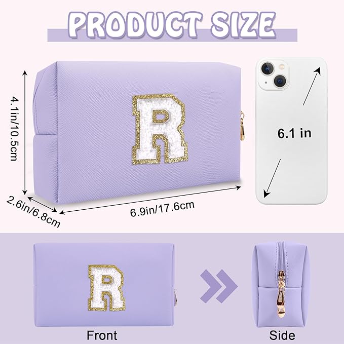 Small Travel Initial Preppy Makeup Bag, Personalized Purple Cute Chenille Letter Cosmetic Organizer Travel Toiltery Zipper Pouch Purse, Monogram Makeup Storage Gift for Friend Birthday Women(Letter R)