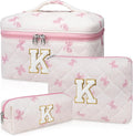 Initial Makeup Bag Set, Personalized Quilted Makeup Bag, Large Floral Cosmetic Bag for Women, Cute Cotton Custom Make up Bags, Flower Travel Toiletry Bag Teen Girl Gift Pink Butterfly K
