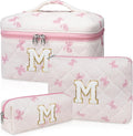 Initial Makeup Bag Set, Personalized Quilted Makeup Bag, Large Floral Cosmetic Bag for Women, Cute Cotton Custom Make up Bags, Flower Travel Toiletry Bag Teen Girl Gift Pink Butterfly M