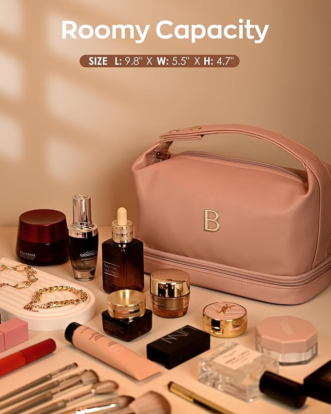 Gifts for Graduates, Personalized Makeup Bag with Handle, Initial Double Layer Cosmetic Bag with Makeup Brush Organizer, PU Leather Travel Toiletry Bag, Gifts for Friends Female Mom