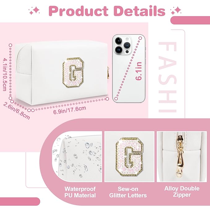 Small Initial Patch Makeup Bag Personalized Gifts Make Up Bag,White Cute PU Leather Glitter Letter Cosmetic Bag with Zipper,Trendy Portable Travel Toiletry Pouch,Preppy Stuff for Teen Girls Women G