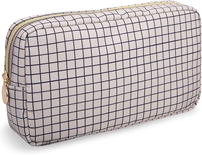 Nylon Small Makeup Bag for Purse, Cute Checkered Makeup Bag Preppy Cosmetic Zipper Pouch Purse, Waterproof Portable Travel Toiletry Bag Clutch Make Up Brush Bag Organizer for Women Girls(Checkered)