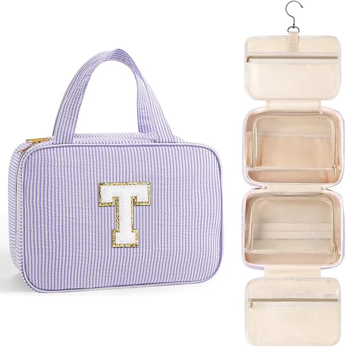TOPEAST Hanging Toiletry Bag for Women - Travel Toiletry Bag Makeup Bag, Portable Toiletries Cosmetic Bag, Airplane Travel Essentials - Letter T, Purple