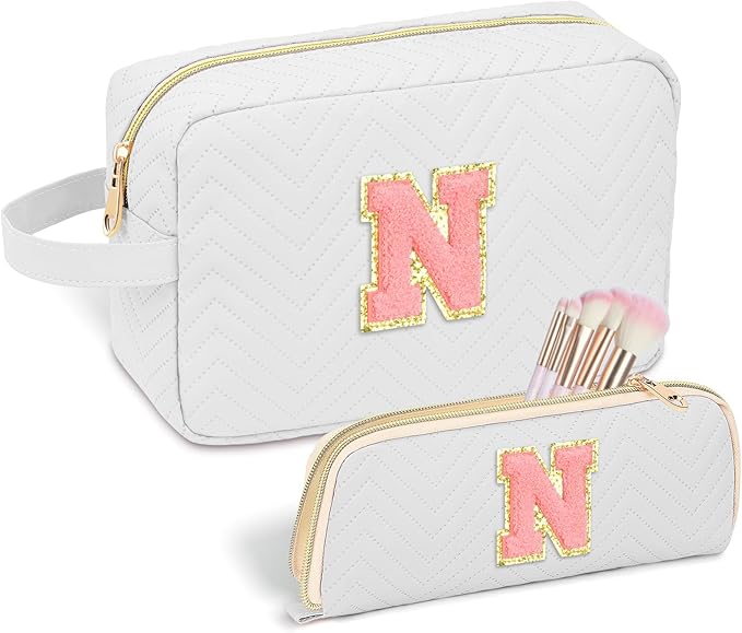 Personalized Initial Makeup Bag Trendy Stuff Leather Waterproof Cosmetic Bag Travel Toiletry Bag, Christmas/Thanksgiving/Halloween Gifts Makeup Organizer Case for Women Girls Mom Girlfriend Wife