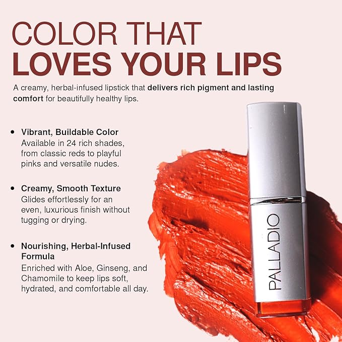 Palladio Herbal Lipstick, Rich Pigmented and Creamy, Infused with Aloe Vera, Chamomile & Ginseng, Prevents Lips from Drying, Combats Fine Lines, Long Lasting Lipstick, Silver Rose