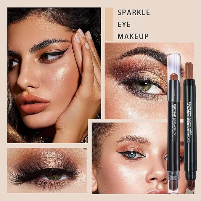 Coffee Brown Dual Ended Eyeshadow Stick 12 Colors Matte and Shimmer Waterproof Long Lasting Creamy Eyeshadow Pencil for Smokey Eye Natural Everyday Makeup