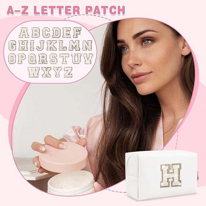Small Initial Patch Makeup Bag Personalized Gifts Make Up Bag,White Cute PU Leather Glitter Letter Cosmetic Bag with Zipper,Trendy Portable Travel Toiletry Pouch,Preppy Stuff for Teen Girls Women H