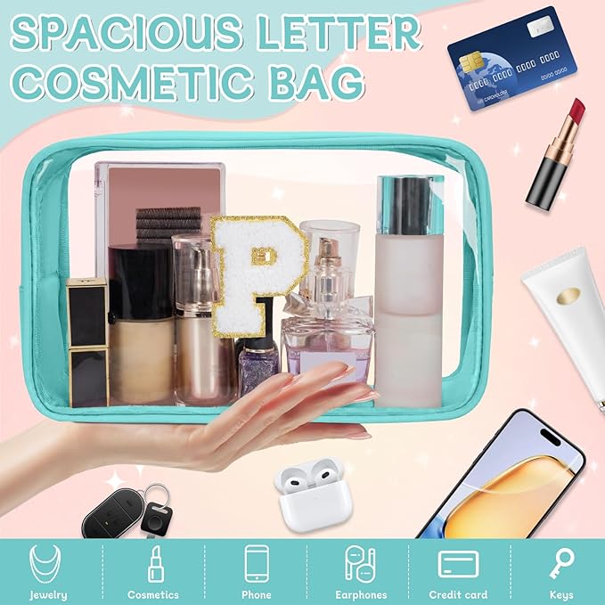 Personalized Initial Clear Makeup Bag, Travel Chenille Patch Cosmetic Bag, Preppy Toiletry Bag Monogram Cosmetic Pouch with Zipper, Ideal Gift for Teen Girls Women (Clear-Green, P)