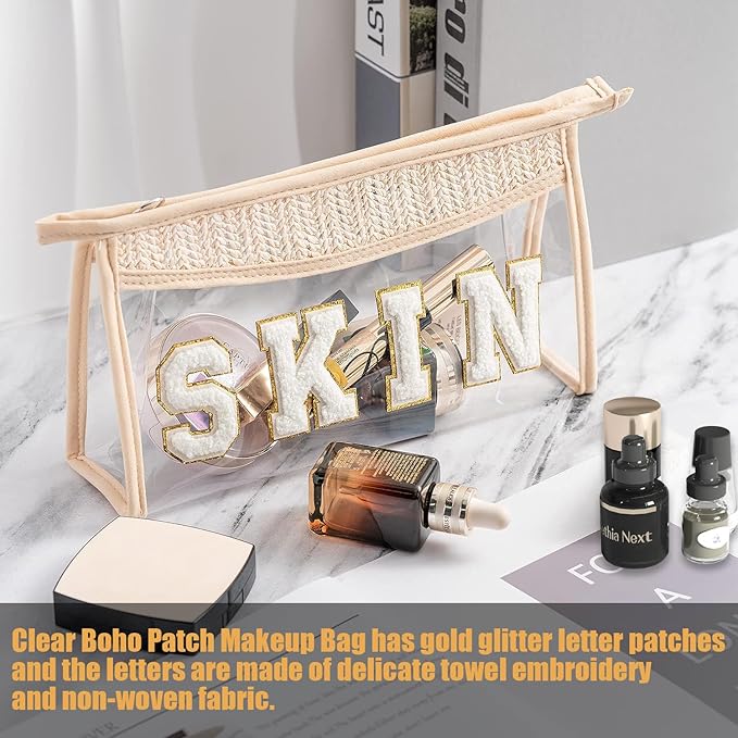Clear Boho Patch Makeup Bag, Letter BEACH Cosmetic Bag, Transparent Travel Toiletry Bag, Waterproof Snacks Bag, Zipper Sunscreen Bag Gift for Women Girls (Beach)